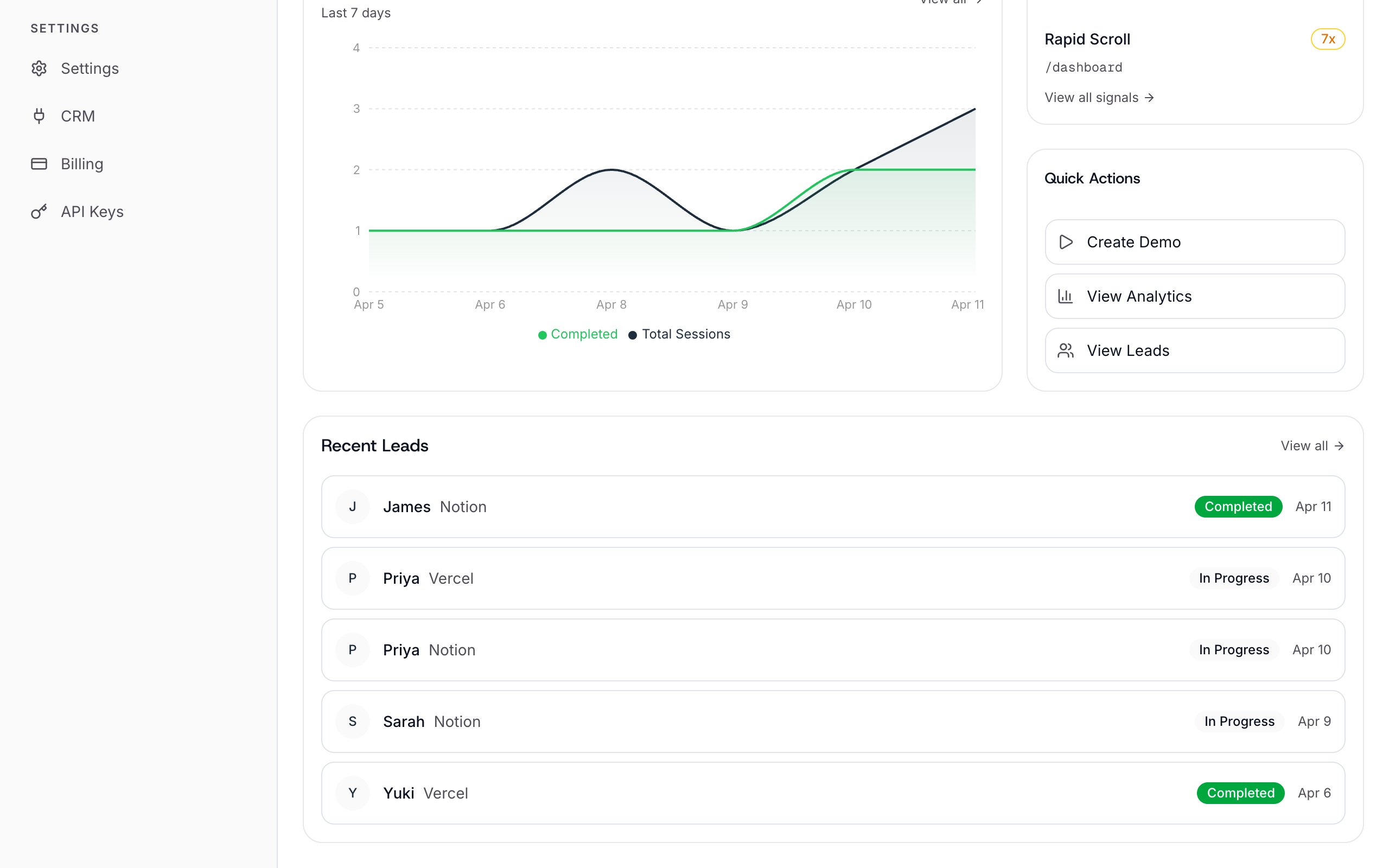 Quick actions and recent leads